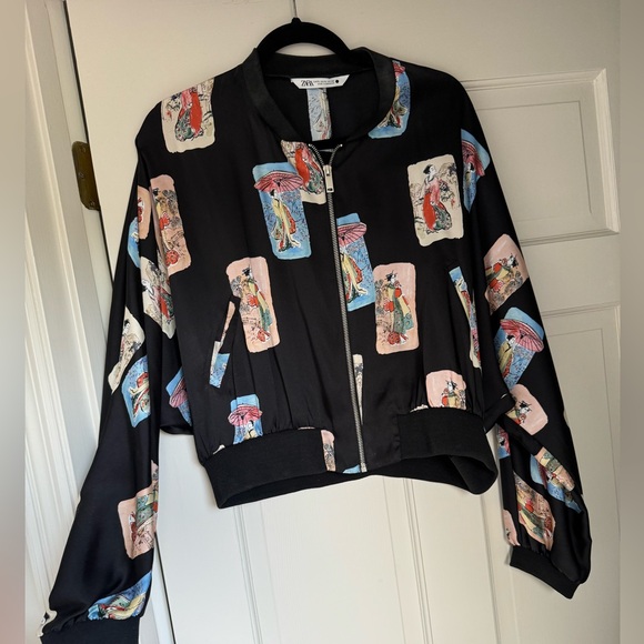 ZARA CROPPED SILKY BOMBER JACKET ASIAN GRAPHIC PRINT SIZE XL - Picture 3 of 5